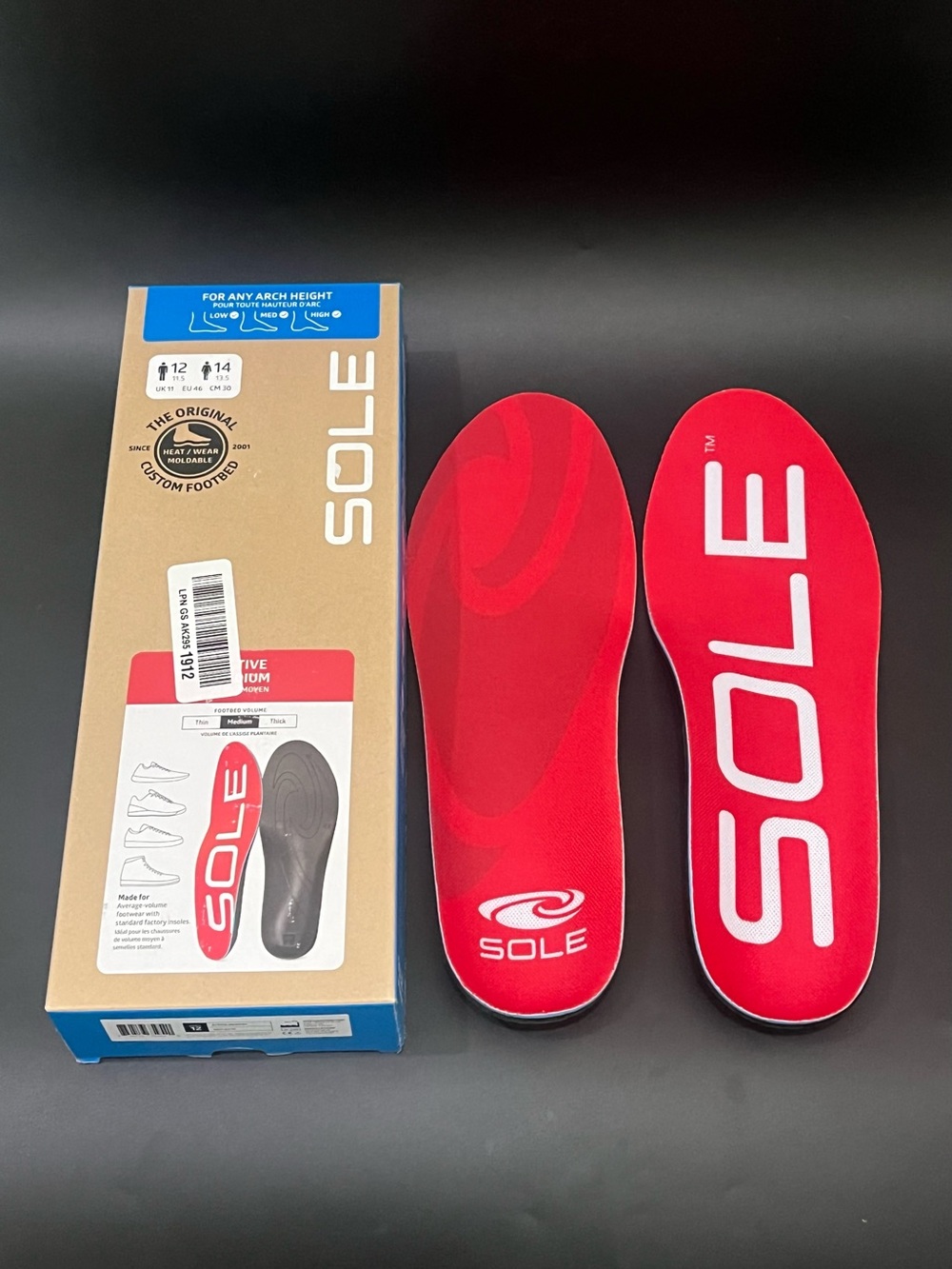 Sole Active Insoles Medium Orthotic Arch Support Footbed Mens US Sz 12